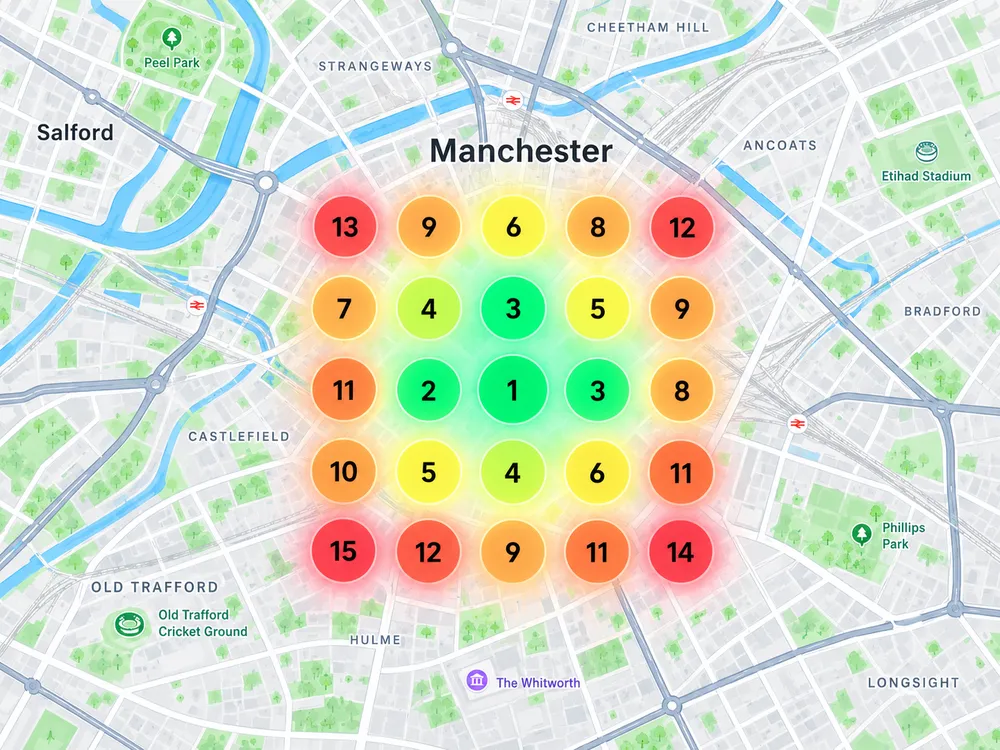 City map heatmap showing Google Maps ranking positions across an area