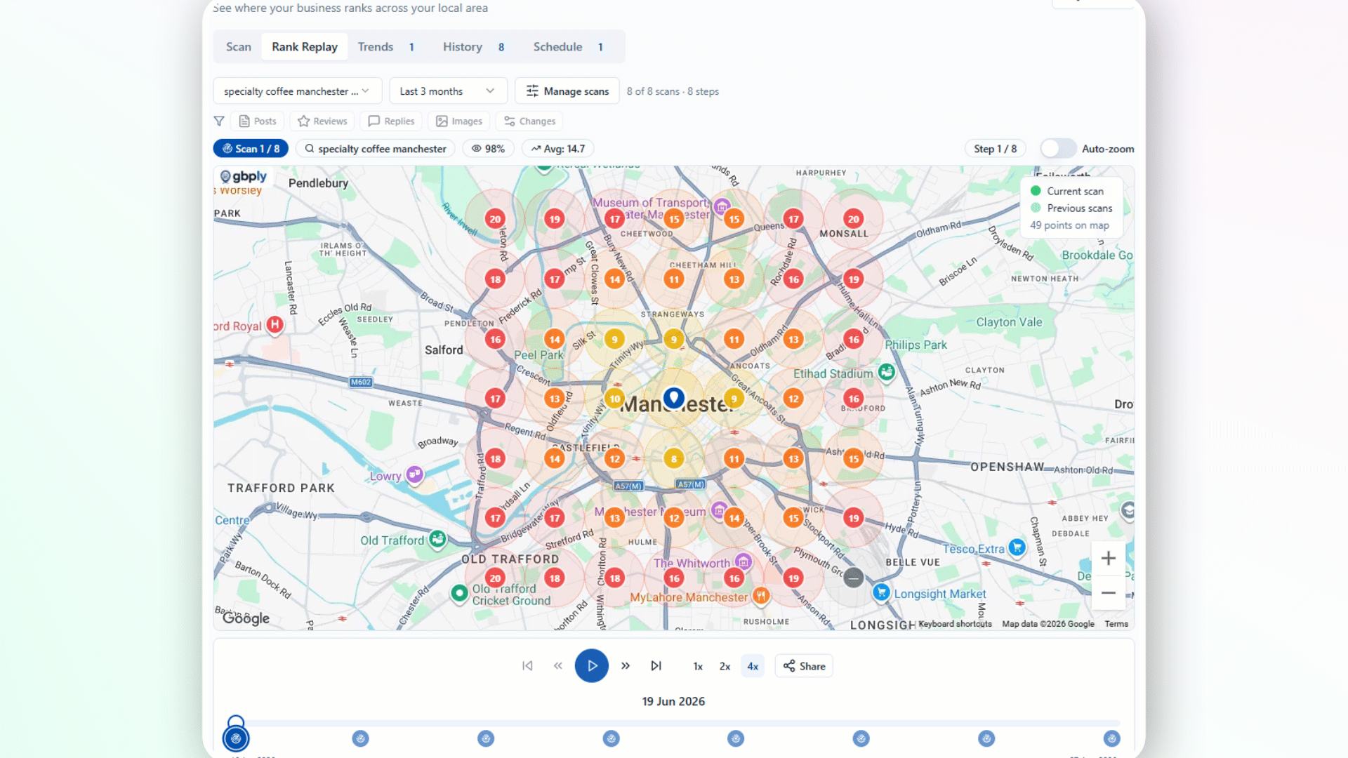 Rank Replay animation showing a Google Maps geo-grid of ranking positions changing across successive scan dates