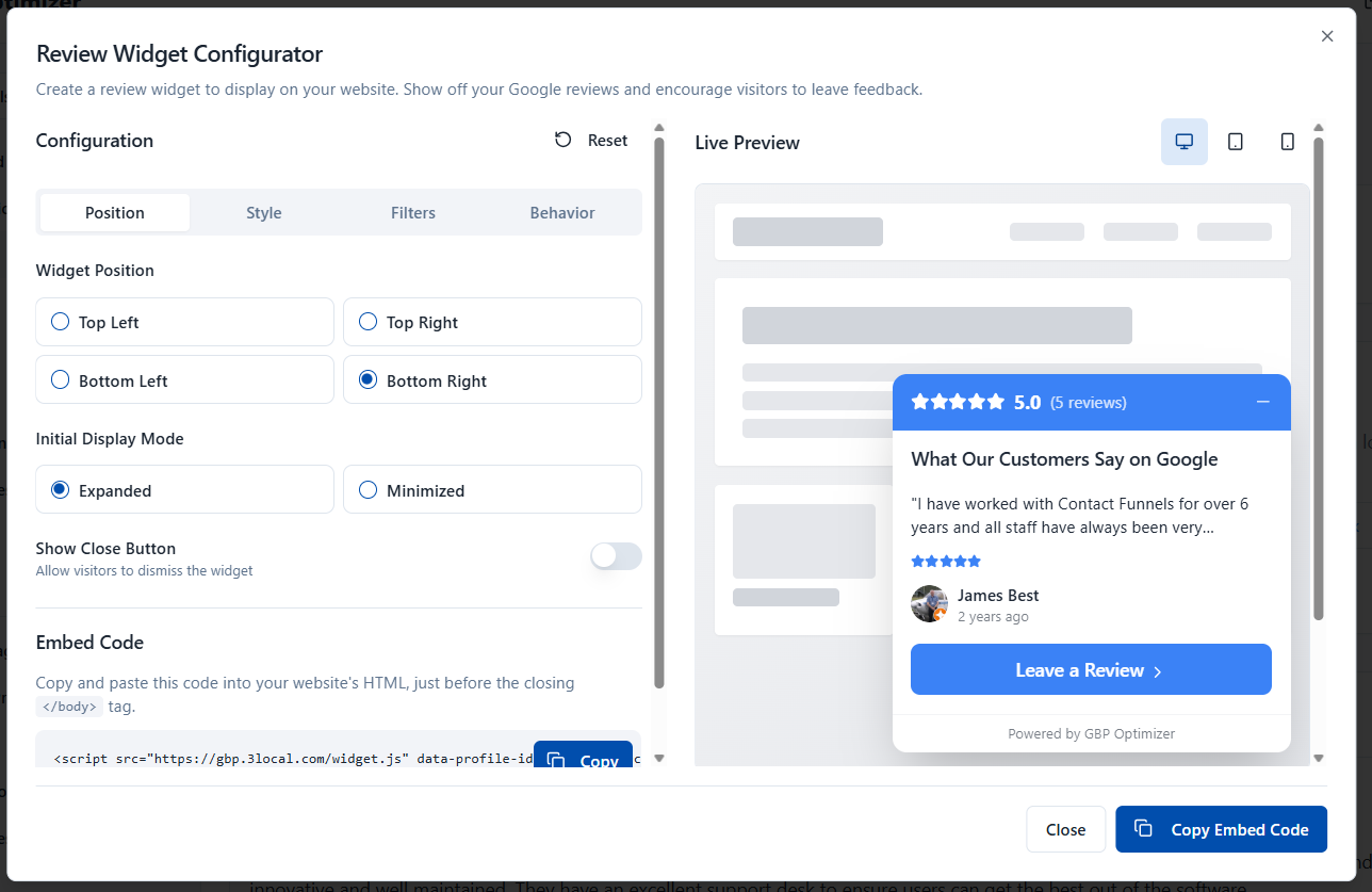 Review Widget Configurator showing position, style, and behavior options with a live preview of the widget displaying Google reviews